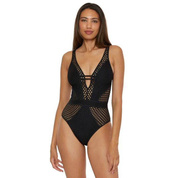 BECCA Other - BECCA Color Play One Piece Swimsuit Plunge Neck Black Crochet L Large